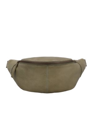 Olivgrüne Leder-Gürteltasche mit mittigem Reißverschluss und verstellbaren Seitenträgern, vor weißem Hintergrund gezeigt.