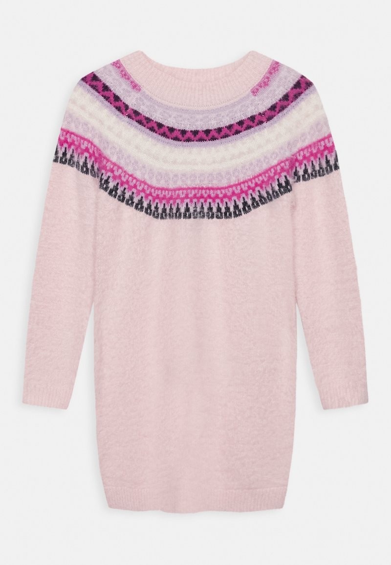 Pull en maille rose clair à manches longues avec un col rond et un motif géométrique multicolore sur la poitrine et les épaules.