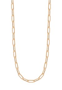 Naszyjnik łańcuchowy w kolorze złotym, wykonany z metalu, charakteryzujący się wydłużonymi, połączonymi owalnymi kształtami; gładka tekstura z polerowanym wykończeniem.