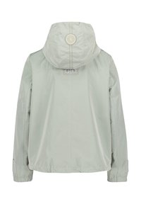 Veste gris clair avec capuche amovible, poignets élastiques et un patch logo dans le dos. Matériau lisse et résistant à l'eau.