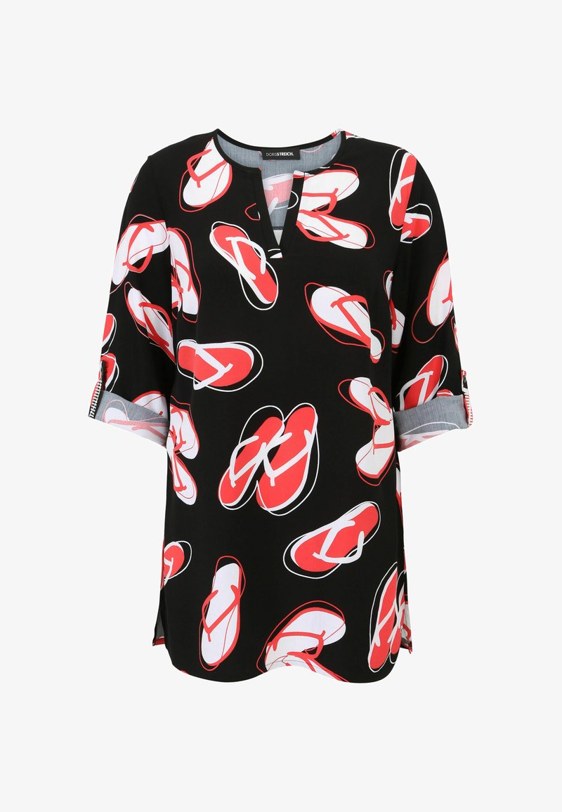 Schwarzes Shirt mit einem auffälligen Flip-Flop-Muster in Rot und Weiß. Kurze Ärmel mit umgeschlagenen Bündchen und V-Ausschnitt. Glatter Stofftextur.