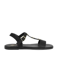 Black sandal featuring a textured upper, thin straps, gold accents, and a flat sole. Includes an adjustable buckle for fit.