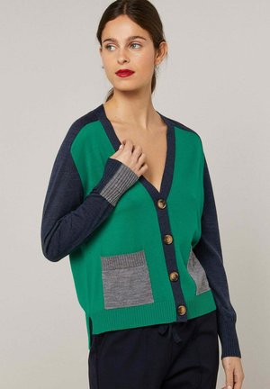 Frau trägt eine grüne Strickjacke mit marineblauen Ärmeln, grauen Bündchen und Taschen, vorne mit Knöpfen, schaut nach links vor einem schlichten Hintergrund.