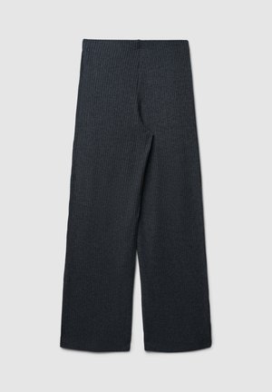 Pantaloni a gamba larga in tessuto a coste grigio scuro, con vita alta e frontale liscio senza tasche o chiusure visibili.