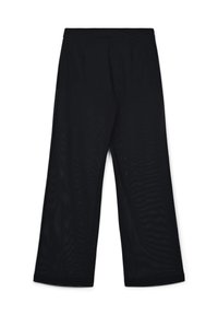 Schwarz weit geschnittene Hose mit glatter Textur, die einen entspannten Sitz und ein gefältetes Design aufweist. Keine zusätzlichen Beschläge oder Muster sichtbar.