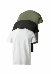 Trys paprasti trumpomis rankovėmis marškinėliai balti, juodi ir alyvuogių žalios spalvos, rodomi iš nugaros, išdėstyti vertikaliai vienas ant kito.