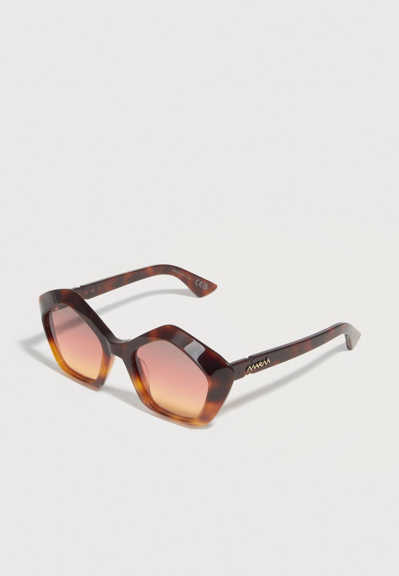 Tortoise shell hexagonal sunglasses with gradient amber lenses and gold logo on the temple, resting on white background.