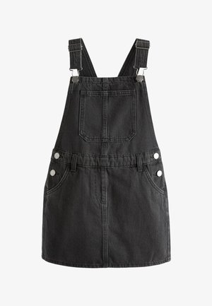 Sort denim overall kjole med frontlomme, justerbare skulderstropper, sidelommer og bæltestropper.