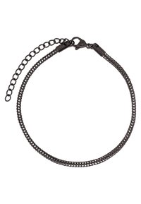 Bracciale in metallo a catena con un design a doppio strato di colore grigio scuro, dotato di chiusura a gabbiano e lunghezza regolabile tramite una catena di estensione.