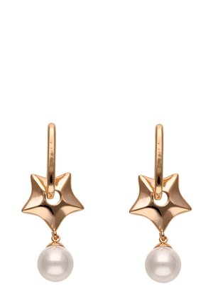 Náušnice ve zlatém tónu s designem ve tvaru hvězdy a bílou perlou na konci. Hladký, lesklý povrch s očkem pro připevnění.