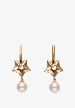 Boucles d'oreilles dorées avec un design en forme d'étoile et une perle blanche pendante. Texture lisse et brillante avec une boucle pour l'attachement.