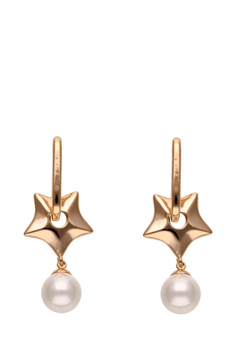 Náušnice ve zlatém tónu s designem ve tvaru hvězdy a bílou perlou na konci. Hladký, lesklý povrch s očkem pro připevnění.