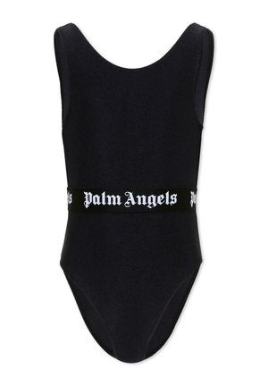 Zwarte mouwloze badpak met brede schouderbanden en een zwarte tailleband met witte "Palm Angels" gotische tekst.