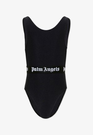 Czarny, bezrękawnikowy kostium kąpielowy z szerokimi ramiączkami i czarnym pasem w talii z białym gotyckim napisem „Palm Angels”.