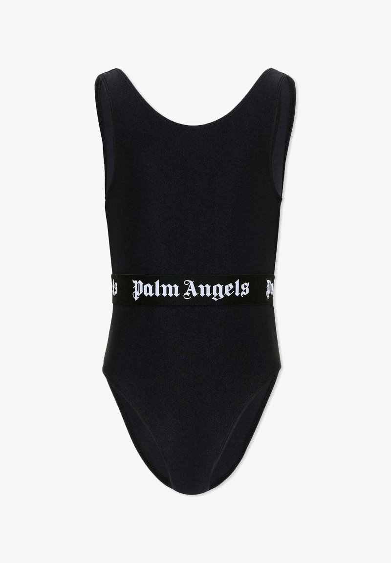 Maillot de bain noir sans manches avec larges bretelles et une ceinture noire ornée du texte gothique blanc « Palm Angels ».