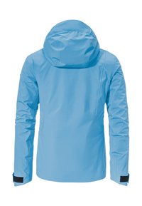 Helle blaue wasserdichte Jacke mit Kapuze, ausgestattet mit kontrastierenden schwarzen Klettverschlussmanschetten und einer glatten, leicht schimmernden Textur.