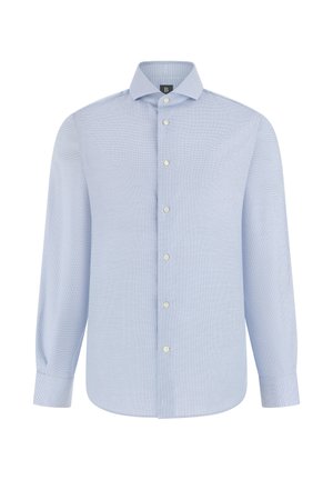 Chemise habillée bleu clair à manches longues avec patte de boutonnage, col à pointes étalées et poignets boutonnés, présentée sur un fond blanc.