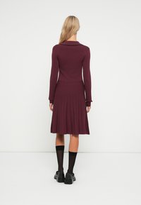 Abito lungo bordeaux a maniche lunghe con colletto, corpetto aderente e gonna plissè. Il tessuto appare liscio, con una texture a coste in vita e sui polsini.