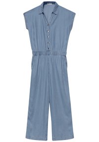 Lysblå ærmeløs jumpsuit med vide ben, krave, knapper foran og elastisk taljebånd.