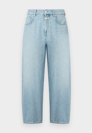 Blugi din denim albastru deschis, cu croială dreaptă, dungi verticale, închidere frontală cu nasturi și fermoar și design cu cinci buzunare.