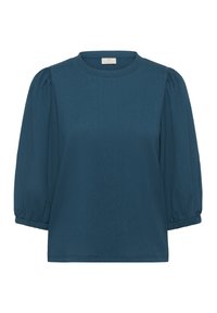 Blouse texturée teal avec des manches courtes bouffantes, un col rond et des poignets élastiques. Design simple avec une couleur unie et aucun motif visible.
