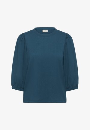 Türkisfarbene Texturbluse mit kurzen Puffärmeln, Rundhalsausschnitt und elastischen Bündchen. Schlichtes Design in einfarbiger Ausführung ohne erkennbare Muster.