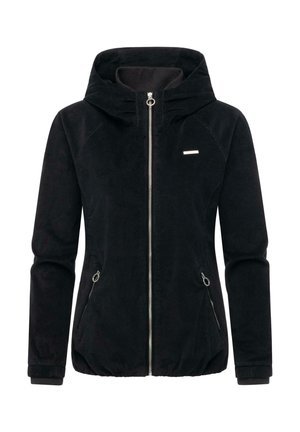 Schwarze Reißverschlussjacke mit Kapuze aus weichem Stoff. Verfügt über zwei Seitentaschen und einen kleinen metallischen Akzent auf der Brust. Elastische Bündchen.