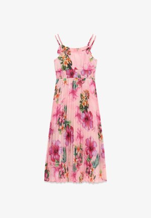 Abito lungo rosa senza maniche con stampa floreale tropicale, vita arricciata e doppie spalline.