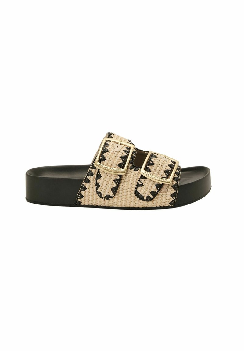 Infradito intrecciato con un motivo beige naturale e nero, doppie fibbie dorate e suola in gomma nera per un contrasto maggiore.