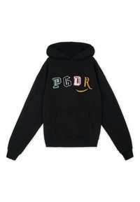 Sort hættetrøje lavet af blødt stof med farverig broderet tekst: "PG6R" og et smil-design. Kængurulomme foran.