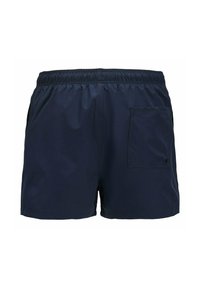 Marineblauwe zwemshorts van lichtgewicht stof, met een elastische tailleband, een enkele achterkantzak en een gladde textuur.