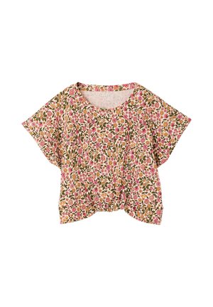 Short-sleeve cropped blouse with pink, orange, and green floral pattern on cream background, featuring a round neckline and slight front twist.