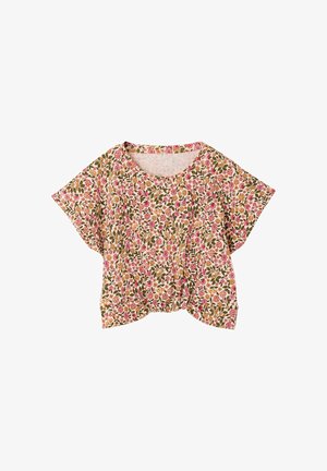 Kurzärmlige, bauchfreie Bluse mit pinkem, orangefarbenem und grünem Blumenmuster auf hellem Hintergrund, mit rundem Ausschnitt und leicht gedrehtem Vorderteil.