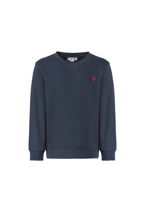 Felpa blu navy a maniche lunghe con scollo a girocollo, polsini e orlo a costine, con un piccolo logo rosso ricamato sul petto sinistro.