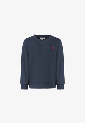 Felpa blu navy a maniche lunghe con scollo a girocollo, polsini e orlo a costine, con un piccolo logo rosso ricamato sul petto sinistro.