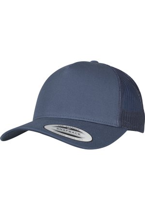 Granatowa czapka snapback z materiału i siateczki, z zaokrągloną koroną, zakrzywionym daszkiem i plastikowym regulowanym paseczkiem z tyłu.