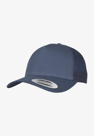 Navy snapback cap made of fabric and mesh, featuring a rounded crown, a curved brim, and a plastic adjustable strap at the back.