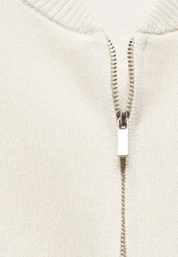 Ecru zip-up sweater featuring a silver zipper and ribbed collar. The fabric is smooth with a subtle texture and visible stitching.