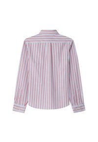 Camicia a maniche lunghe vista dal retro. Realizzata in tessuto con righe verticali rosse e blu. Presenta un colletto a punta e polsini con bottoni.