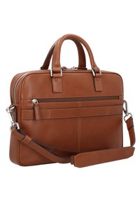 Brown leather briefcase with dual top handles, a detachable shoulder strap, zippered compartments, and contrasting stitching details.