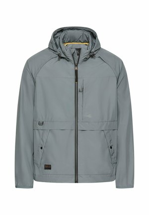 Light gray hooded jacket with front zipper, two side pockets with buttons, and a small chest pocket, designed for outdoor use.