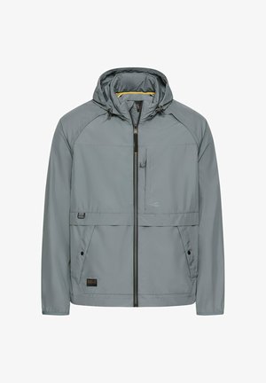 Light gray hooded jacket with front zipper, two side pockets with buttons, and a small chest pocket, designed for outdoor use.