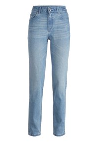 Světle modré džíny s vysokým pasem a slim fit, které mají pět kapes, jemné vyblednutí a rovný střih nohavic. Vyrobeno z denimového materiálu.