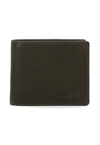 Leren portemonnee in donkergroen met een gestructureerde afwerking, voorzien van zichtbare stiksels en een subtiel geperst logo aan de voorkant.