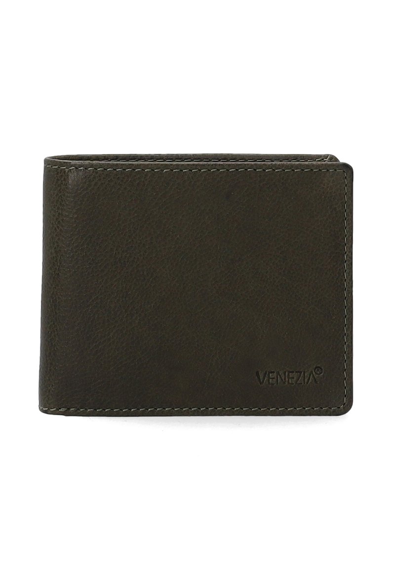 Leren portemonnee in donkergroen met een gestructureerde afwerking, voorzien van zichtbare stiksels en een subtiel geperst logo aan de voorkant.