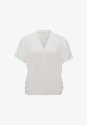 Weißes Kurzarmoberteil mit V-Ausschnitt und lockerer Passform mit einem gerafften Saum. Glatter, leichter Stoff mit einer dezenten Textur.