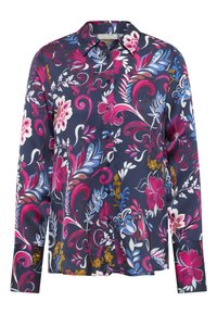 Camicia a maniche lunghe con bottoni, di colore navy, decorata con motivi floreali in rosa, blu e bianco. Presenta un colletto classico e una texture del tessuto liscia.