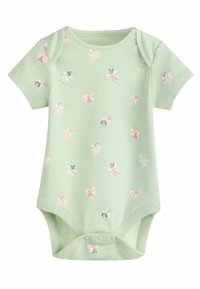Body bébé à manches courtes en vert pastel, présentant un motif de fées répété dans des couleurs douces. Fabriqué en coton lisse et respirant.