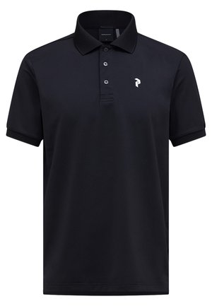 Sort polo-shirt med korte ærmer, tre-knaps lukning og lille hvidt logo på venstre bryst.