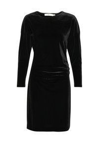 Černé šaty vyrobené z jemného sametového materiálu, s dlouhými rukávy, kulatým výstřihem a nařasením v oblasti pasu. Jednoduchý a přiléhavý design.